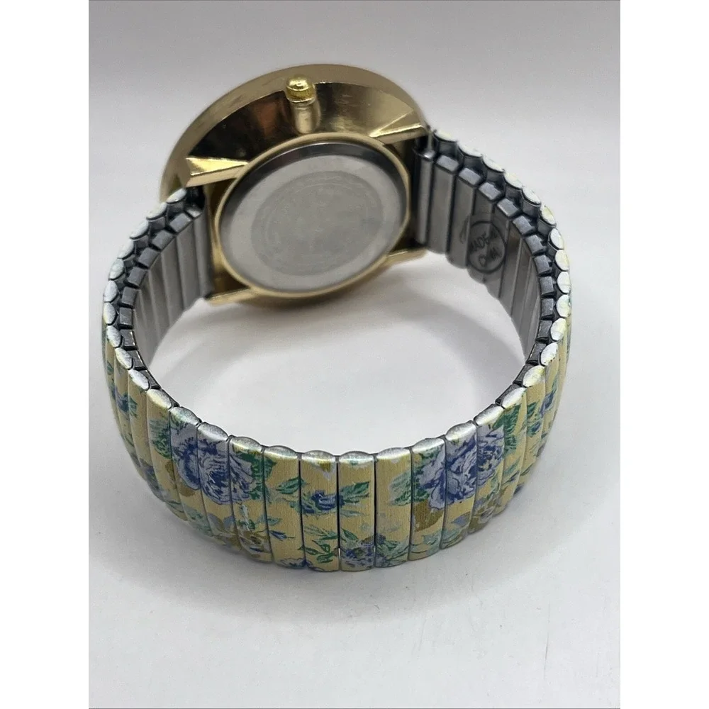 Vice Versa Women's Quartz Watch‎ Floral Stretch Band Gold 40mm Case- New Battery